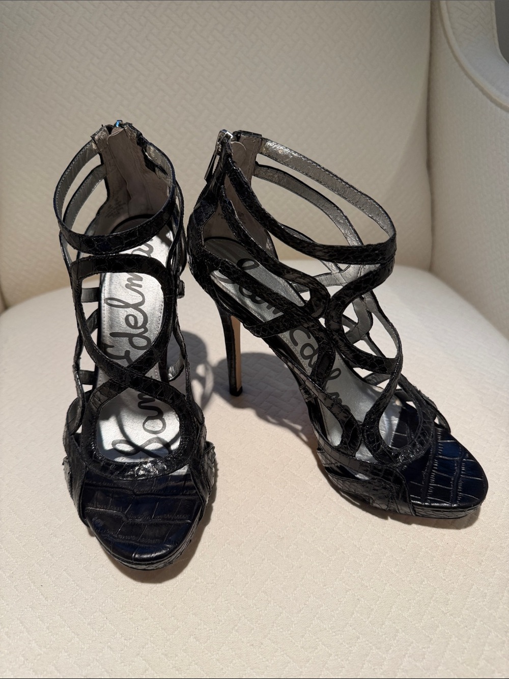 Sam Edelman Black Strappy Croc-Embossed High Heel Sandals